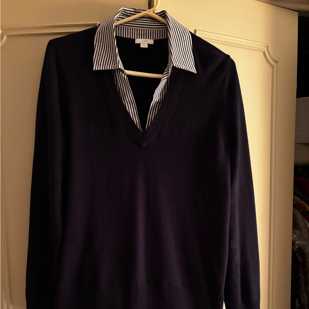J. Jill Navy Blue V-Neck Sweater with Striped Layer. Great look for dinner out.
